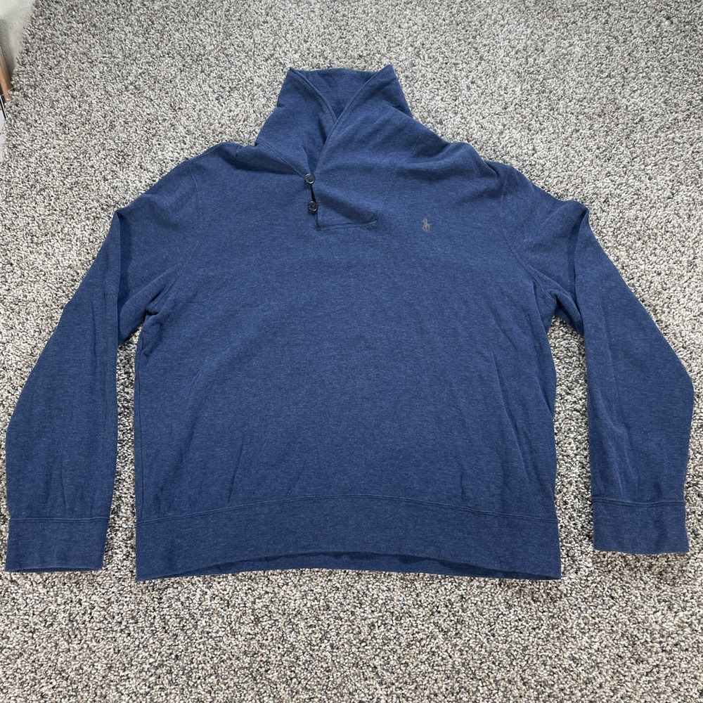 Polo Ralph Lauren Men's Large Blue Shawl Collar Button Pullover Sweatshirt